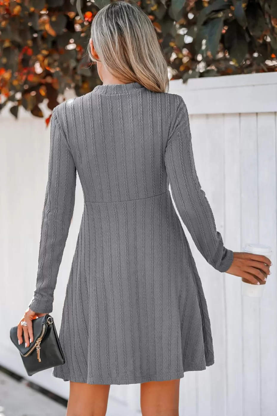 Store Cupshe Round Neck Long Sleeve Mini Dress Grey