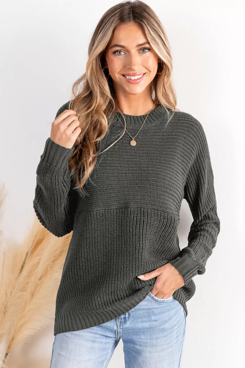 Best Cupshe Round Neck Long Sleeve Sweater Grey