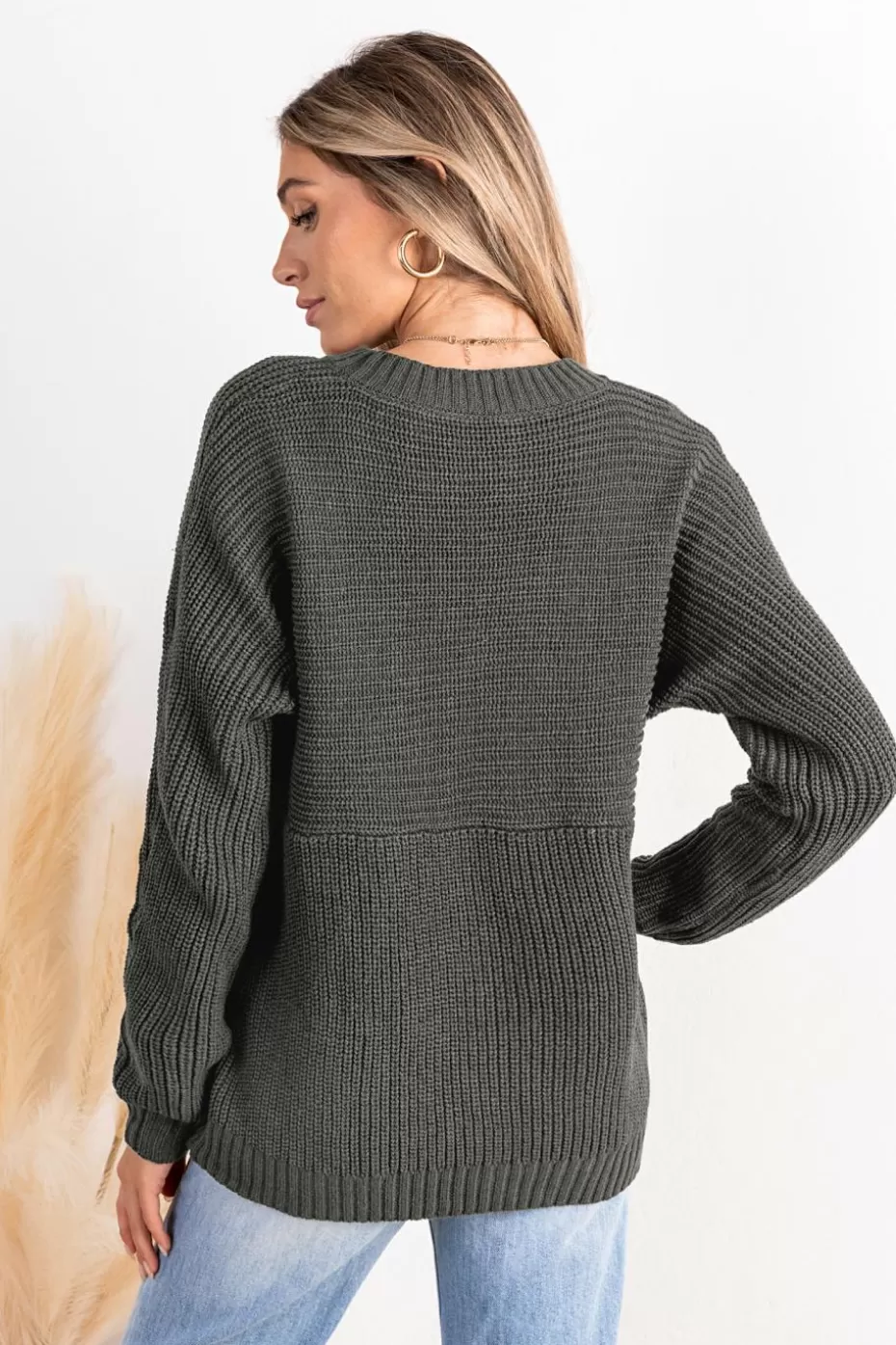 Best Cupshe Round Neck Long Sleeve Sweater Grey
