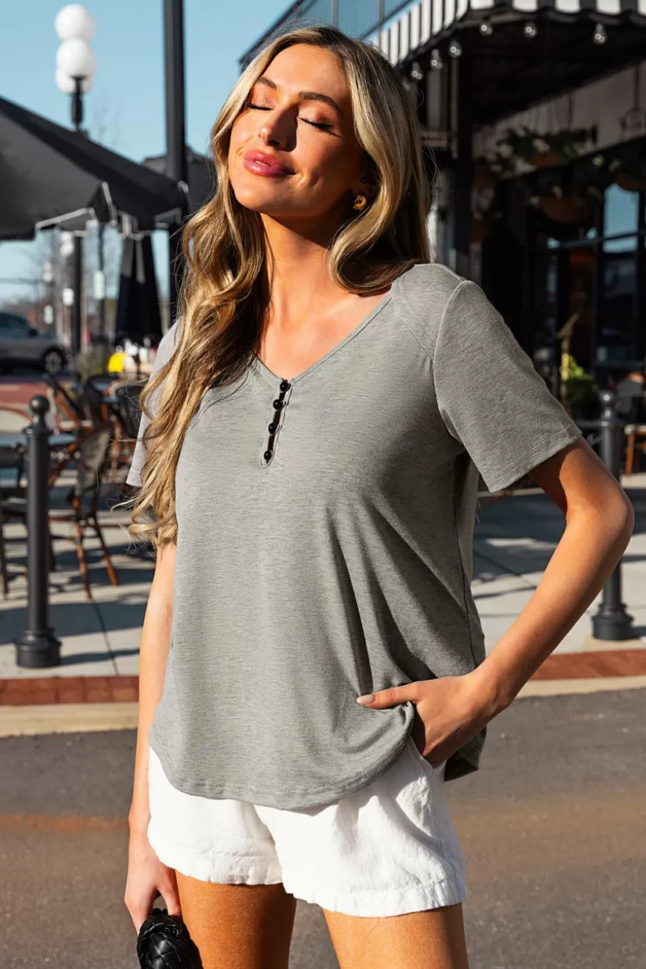 Cheap Cupshe Short Sleeve Jersey Tee Grey