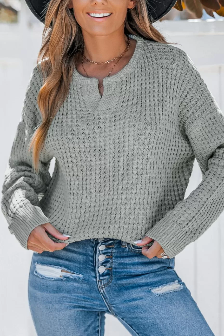 Best Sale Cupshe Split Neck Drop Shoulder Knit Sweater Grey