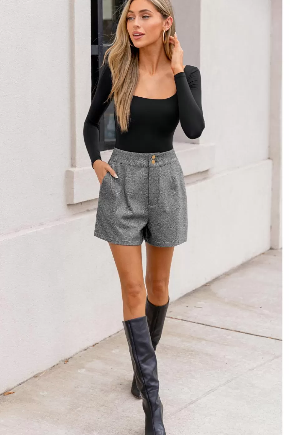 Outlet Cupshe Straight Leg Herringbone Shorts Grey