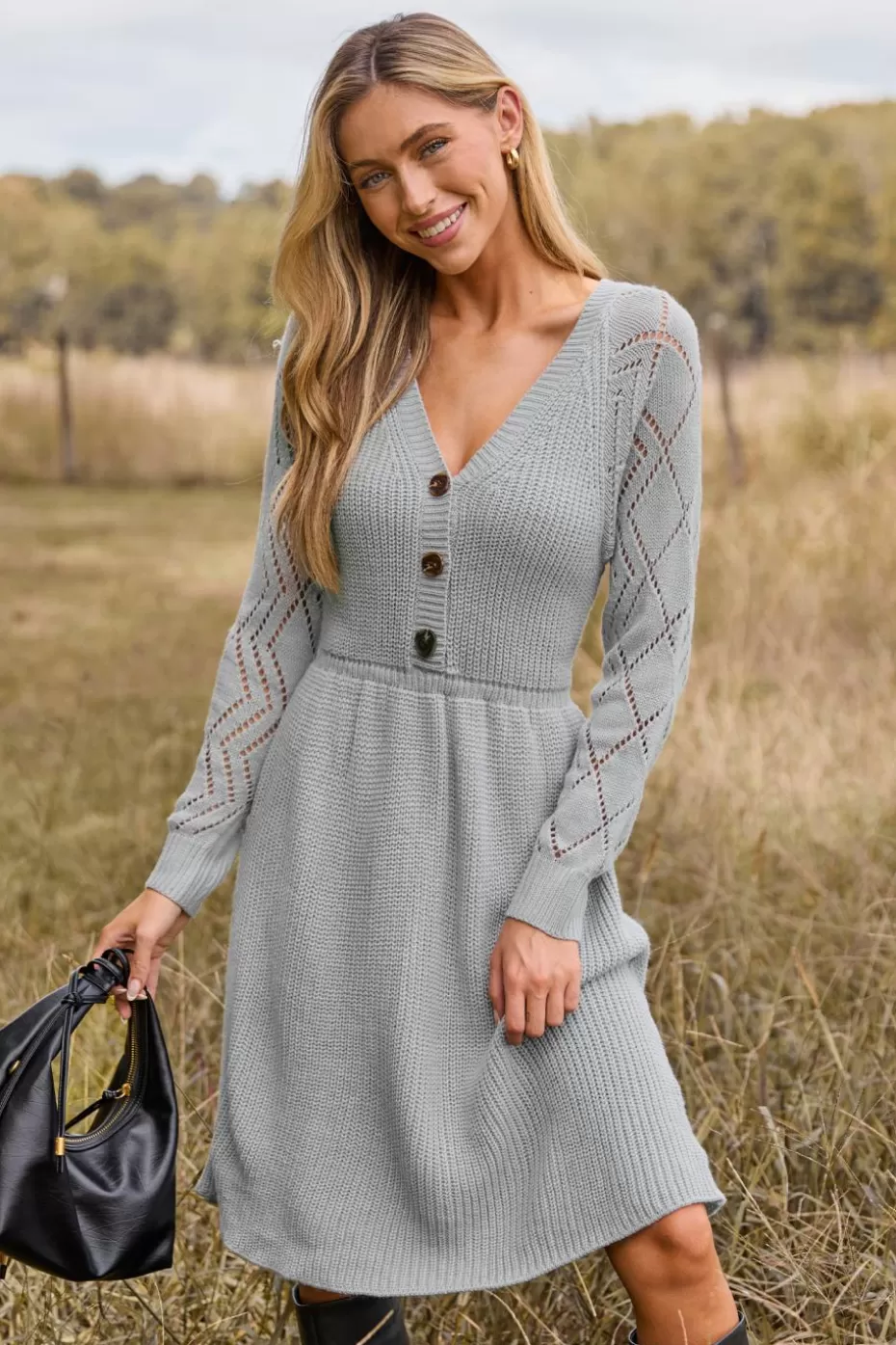 Store Cupshe V-Neck Long Sleeve Mini Sweater Dress Grey