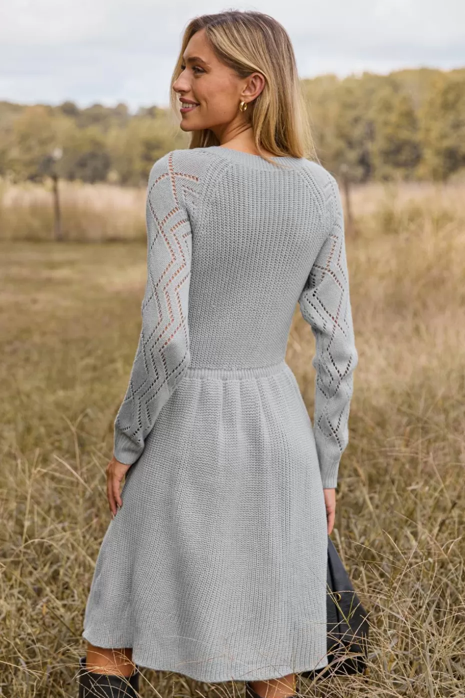 Store Cupshe V-Neck Long Sleeve Mini Sweater Dress Grey