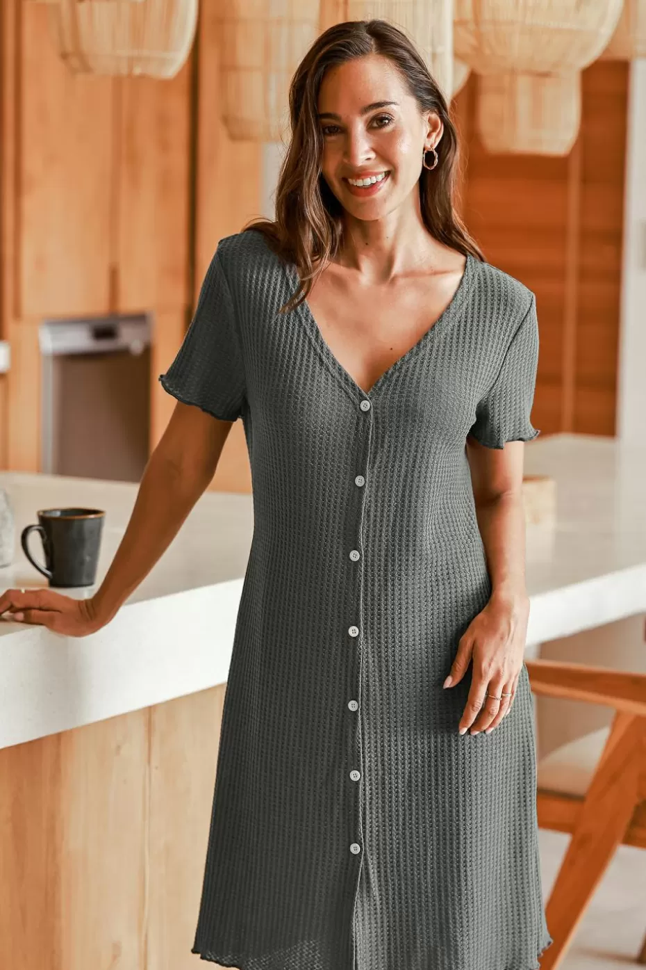 Fashion Cupshe Waffle Knit Front Button Lounge Dress Grey