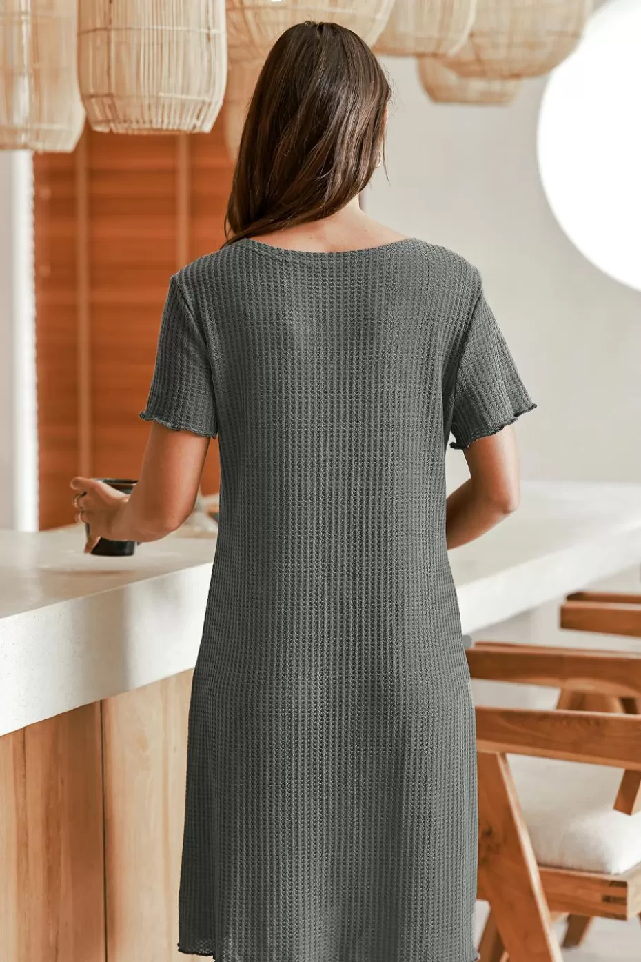 Fashion Cupshe Waffle Knit Front Button Lounge Dress Grey