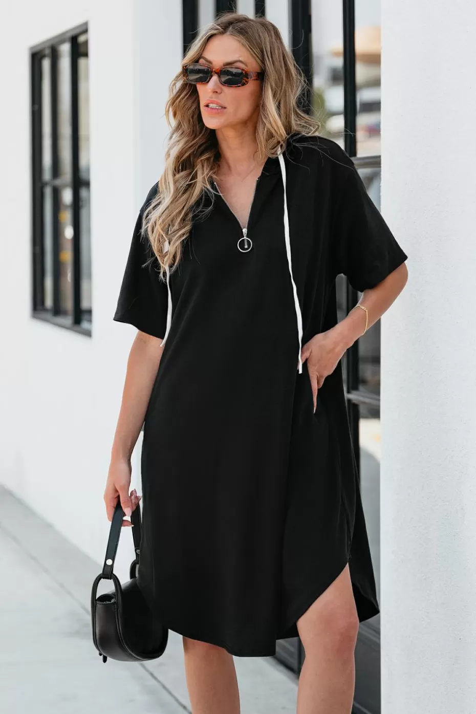 New Cupshe Half-Zip Hooded Mini Dress Black