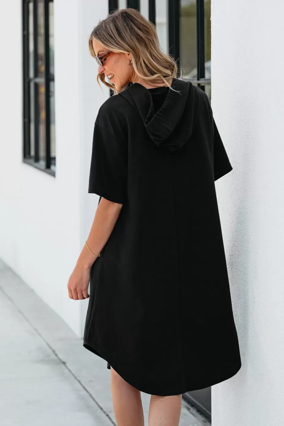 New Cupshe Half-Zip Hooded Mini Dress Black