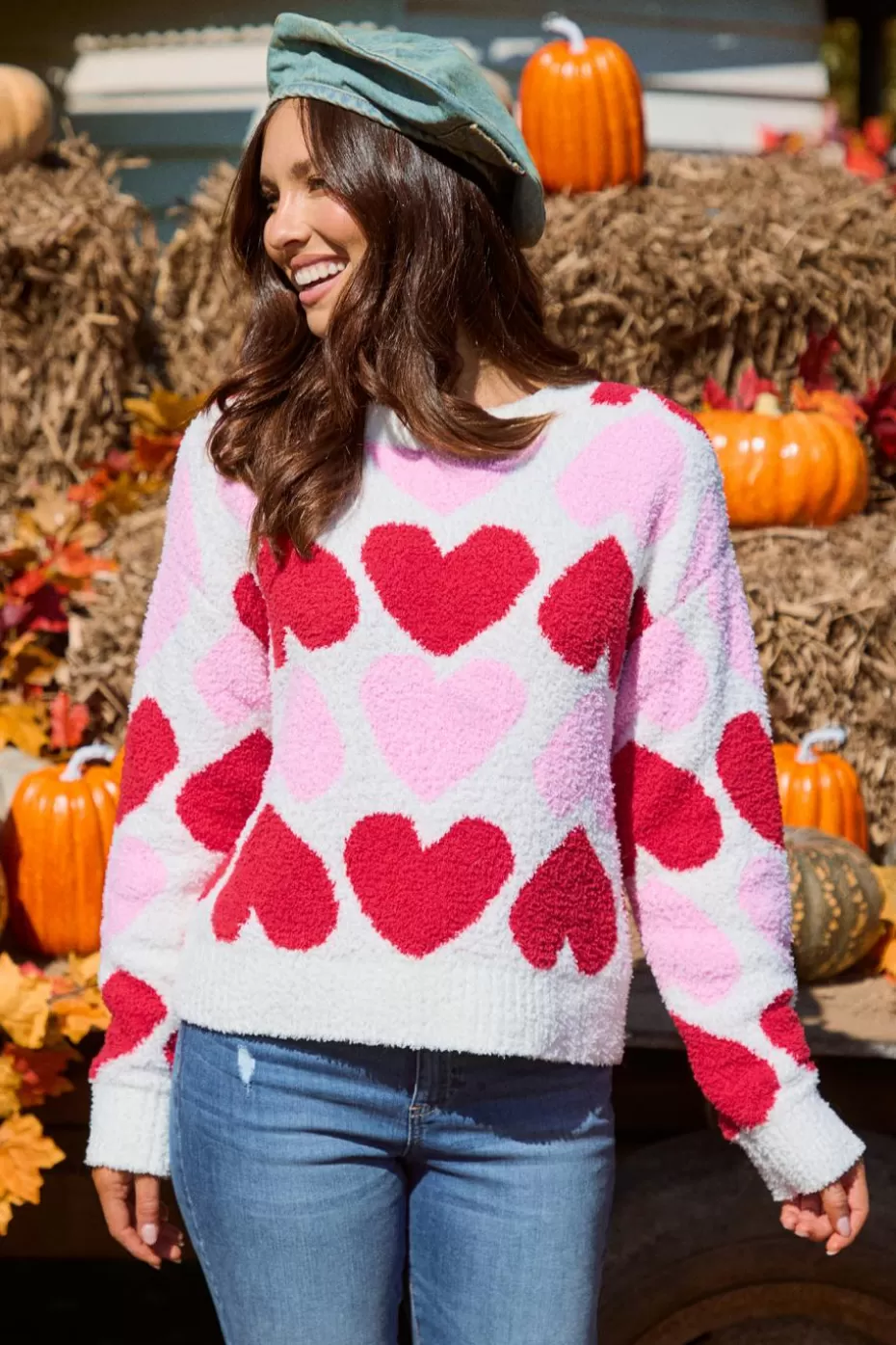 New Cupshe Heart Intarsia Knit Sweater Red