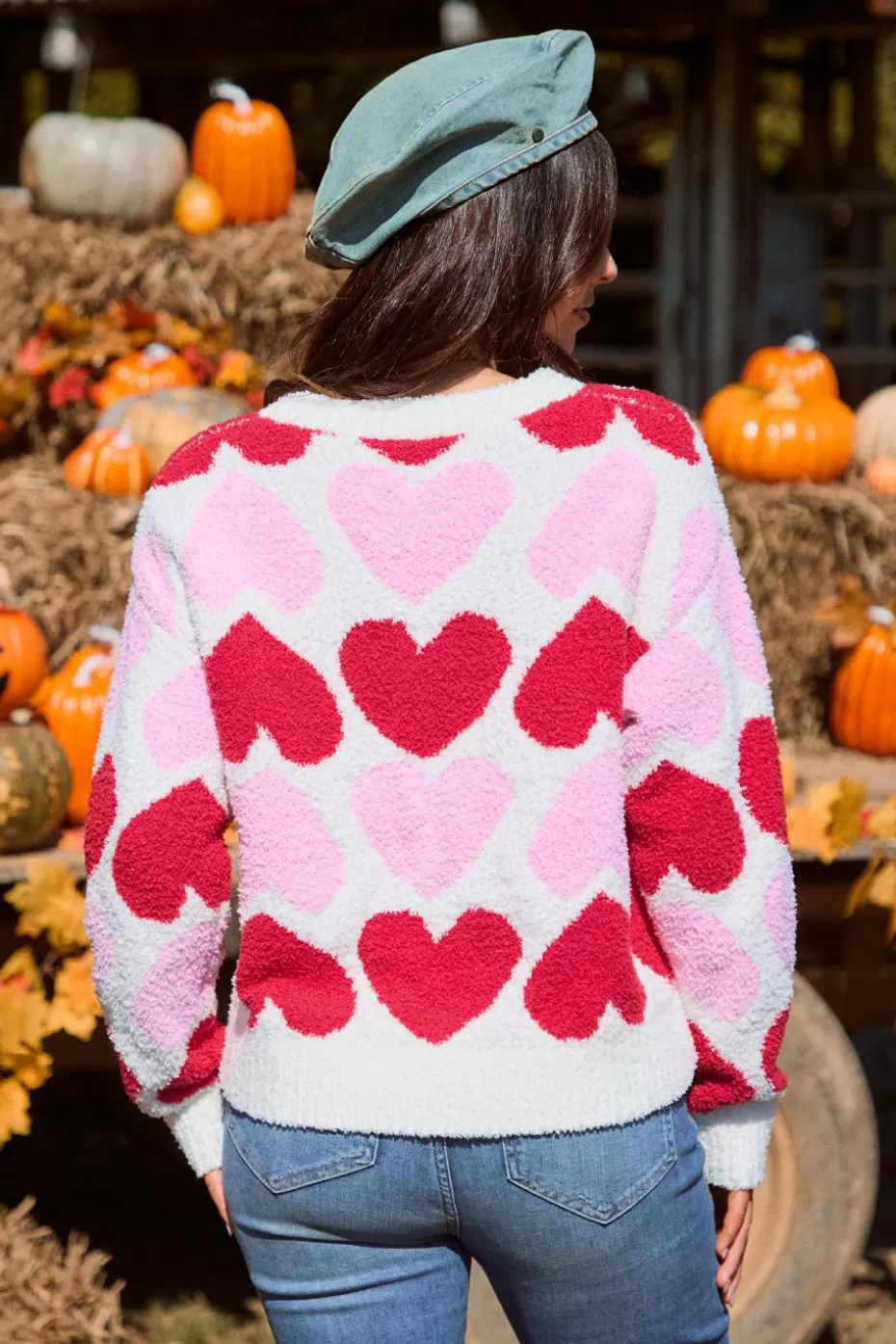 New Cupshe Heart Intarsia Knit Sweater Red
