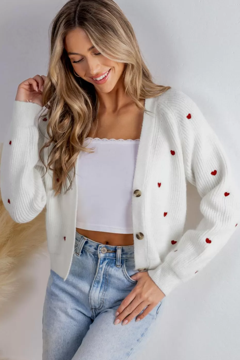 Flash Sale Cupshe Heart Print Long Sleeve V-Neck Cardigan White