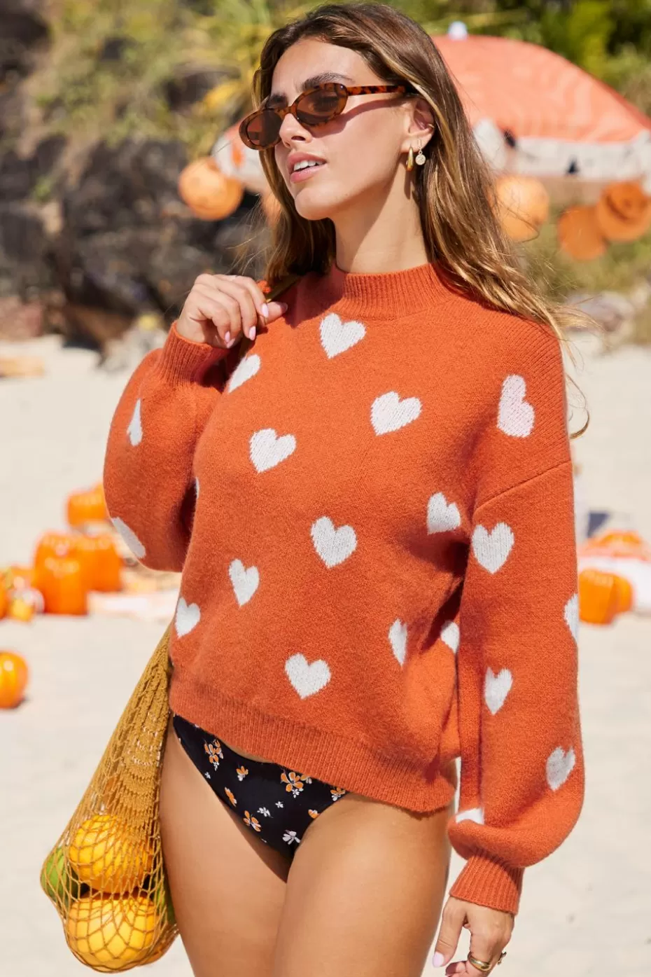Best Sale Cupshe Heart Print Round Neck Sweater Red