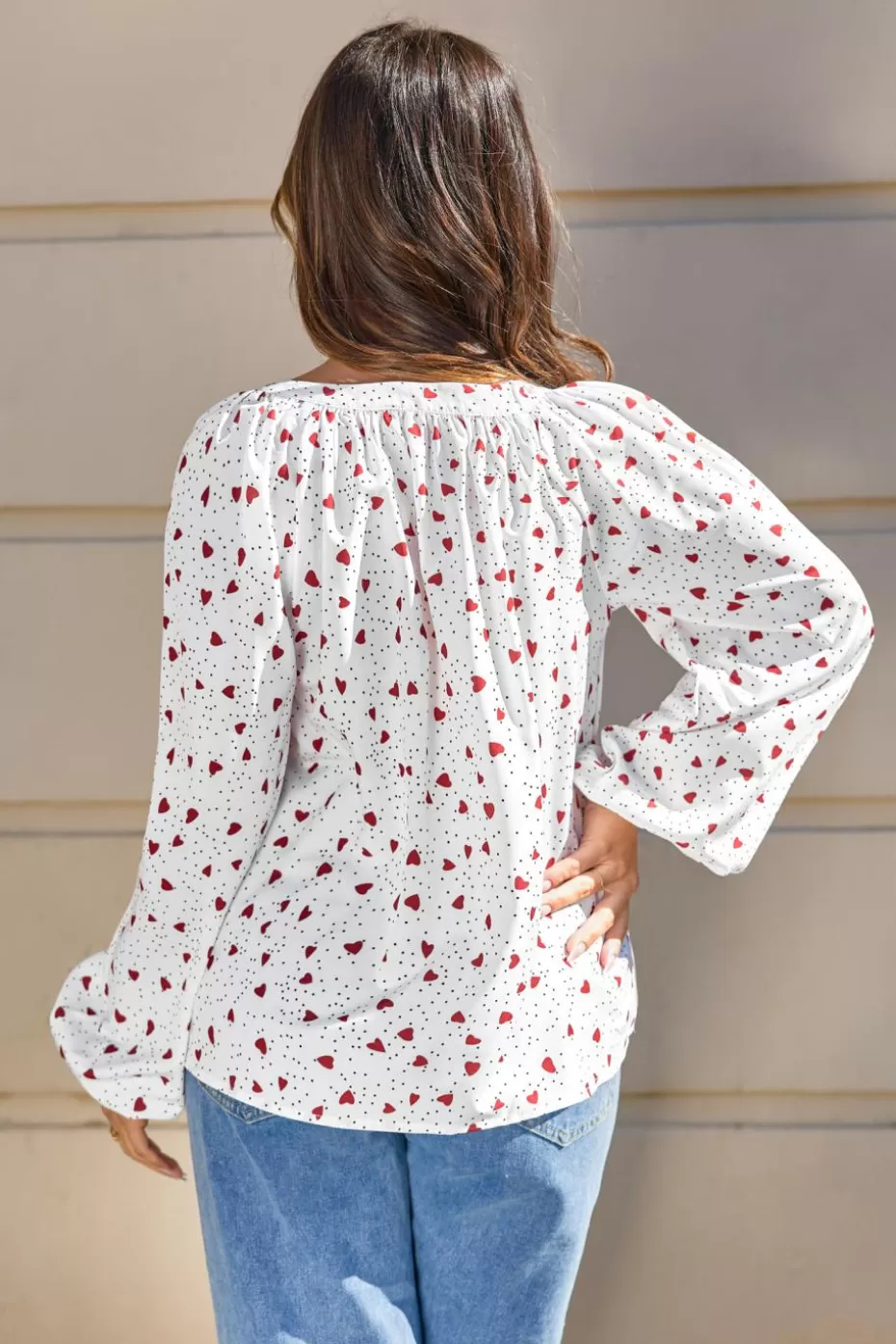New Cupshe Heart-Print Split Neck Long Puff Sleeve Blouse White