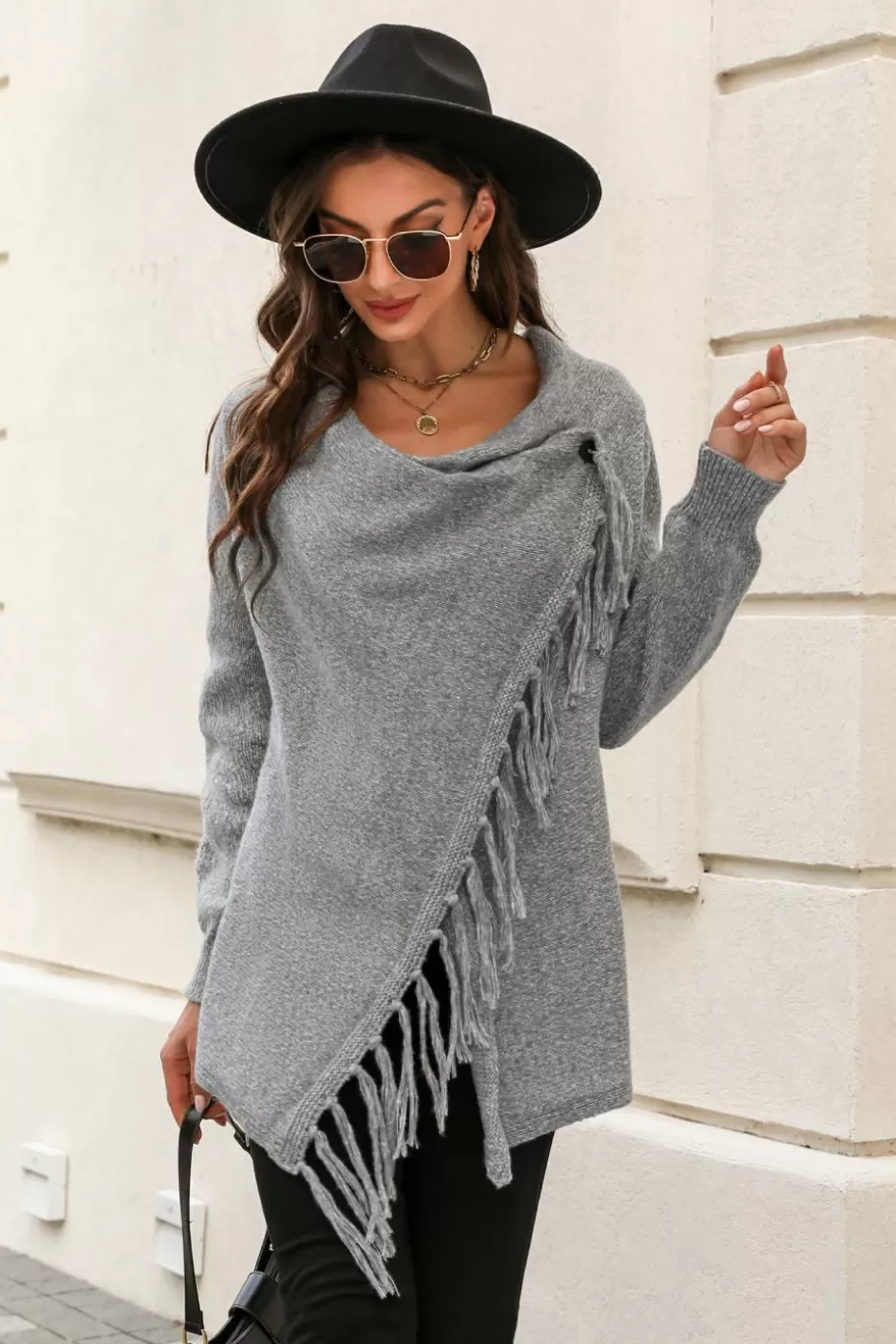 Flash Sale Cupshe Heathered Knit Fringe Poncho Grey