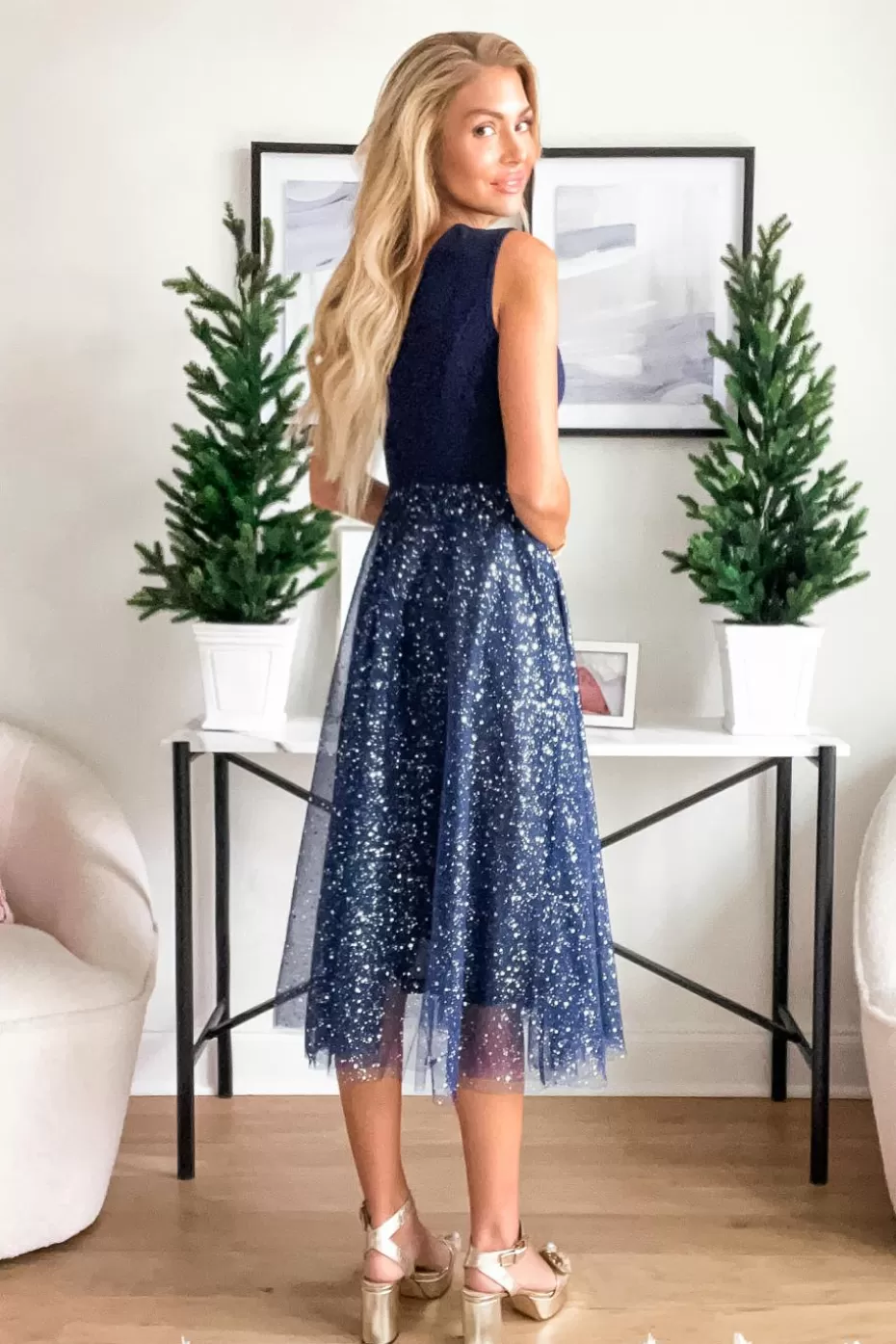 Sale Cupshe Holiday Shimmer V-Neck Tulle Midi Dress Navy