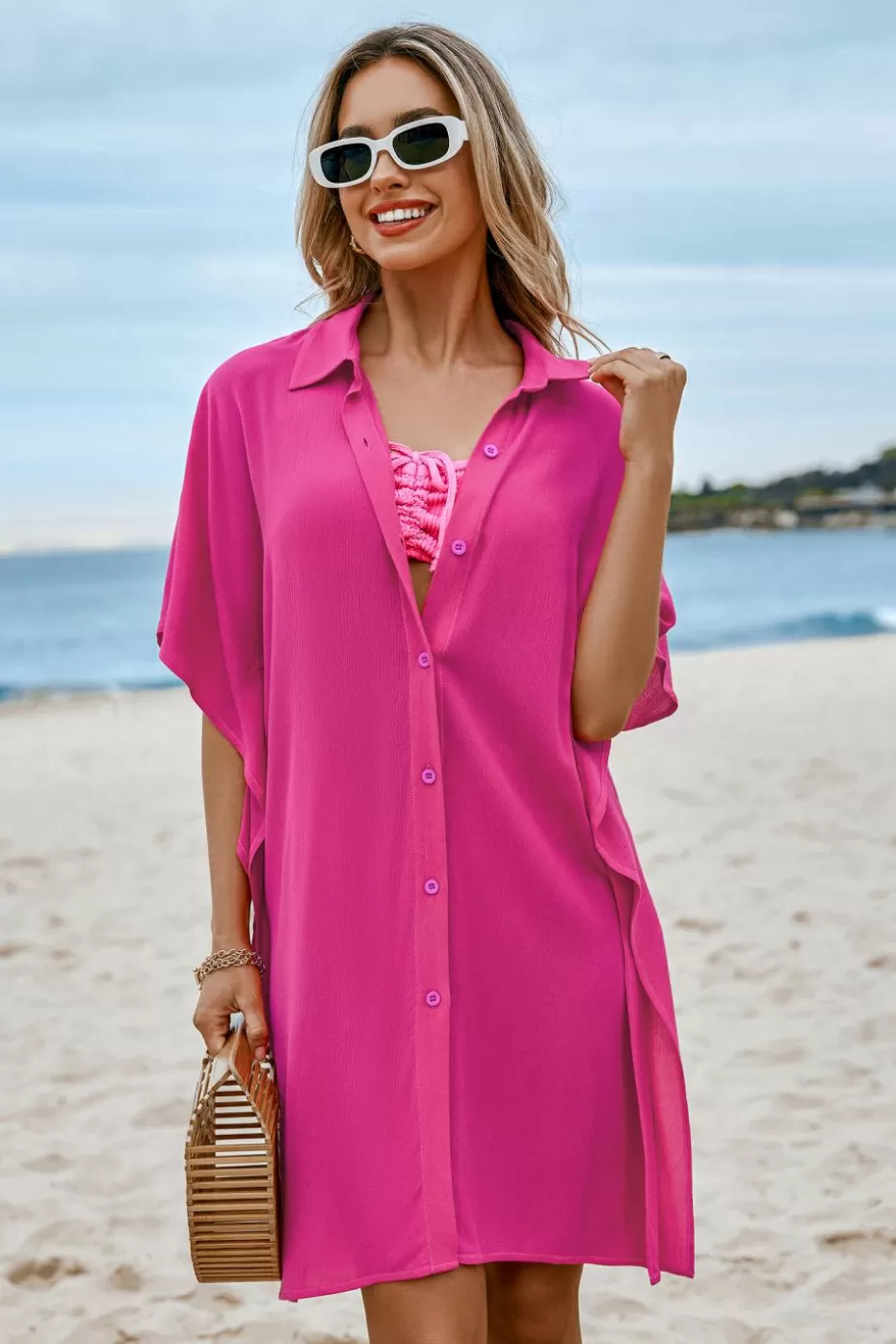 Clearance Cupshe Hot Pink Cover-Up Mini Dress Red