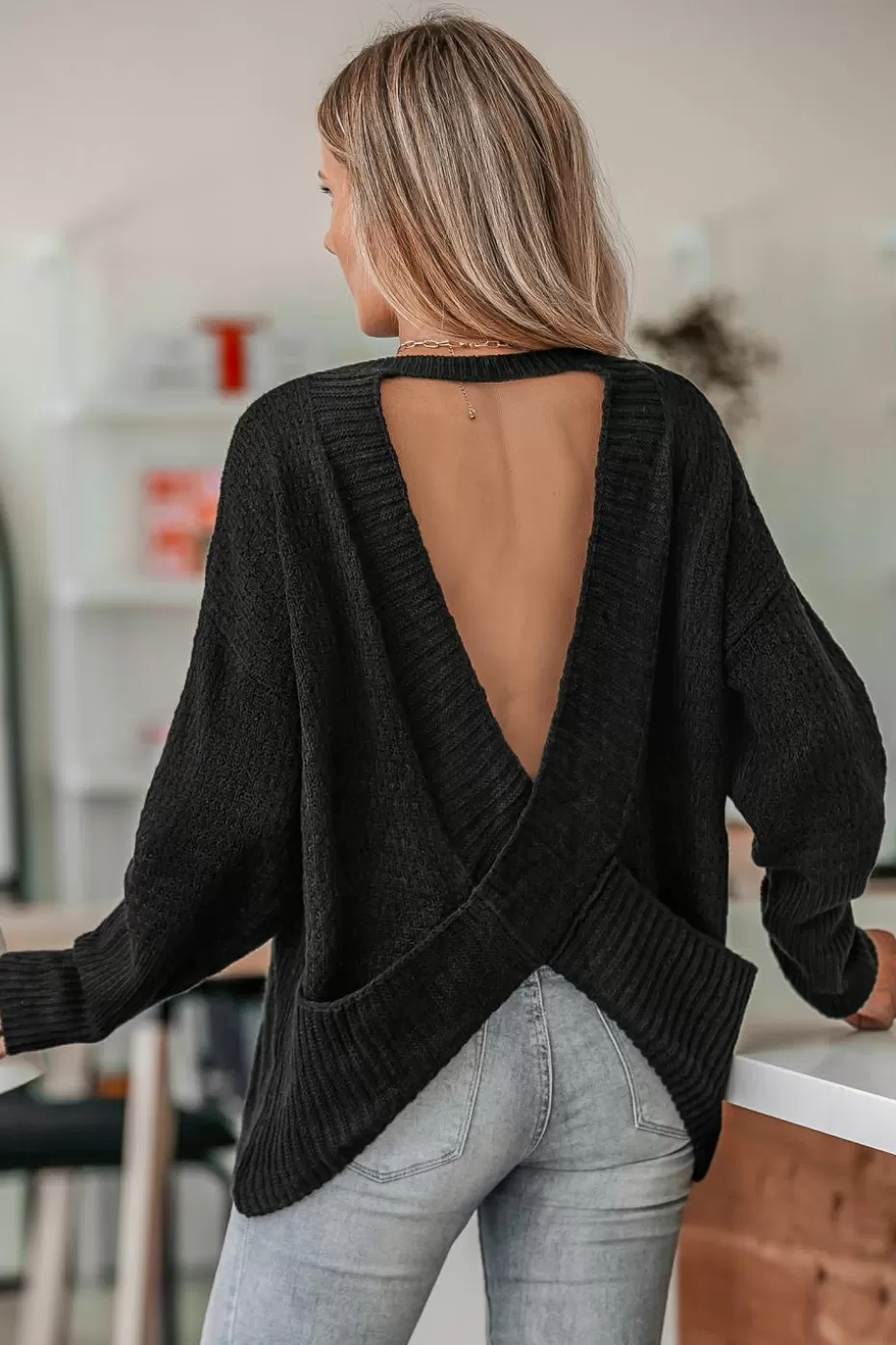 Store Cupshe Influencer Edits Warm Hugs Drop Sleeve Sweater Black