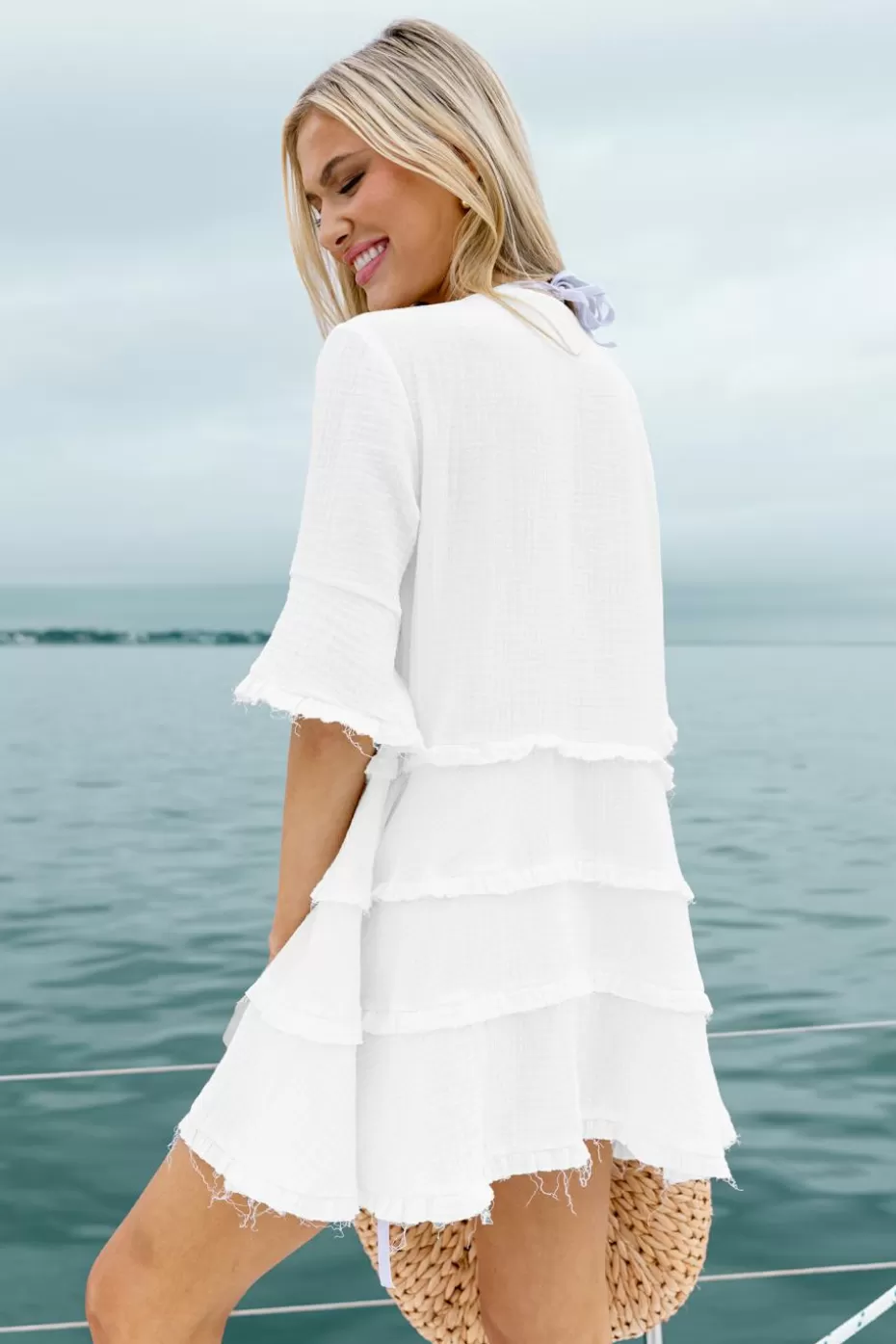 Fashion Cupshe Ivory Flared Sleeve Ruffle Cover-Up Dress White
