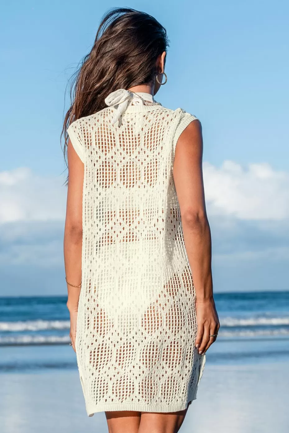 Online Cupshe Ivory Open Knit Sleeveless Mini Cover-Up White