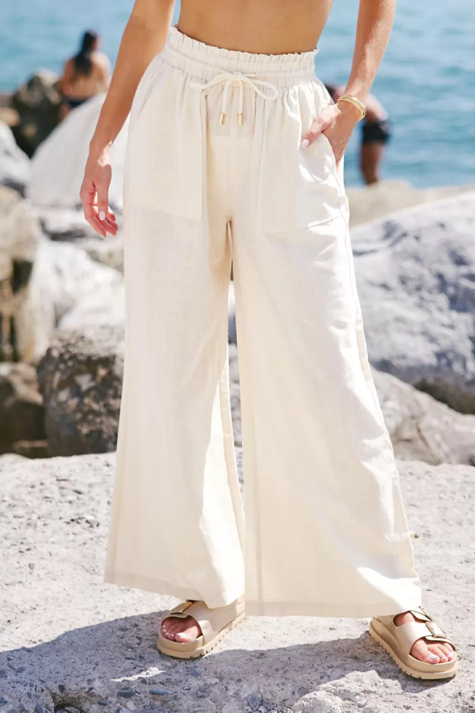 New Cupshe Ivory Paperbag Waist Palazzo Pants Off White/Ivory