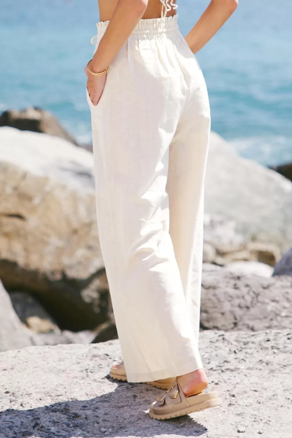 New Cupshe Ivory Paperbag Waist Palazzo Pants Off White/Ivory