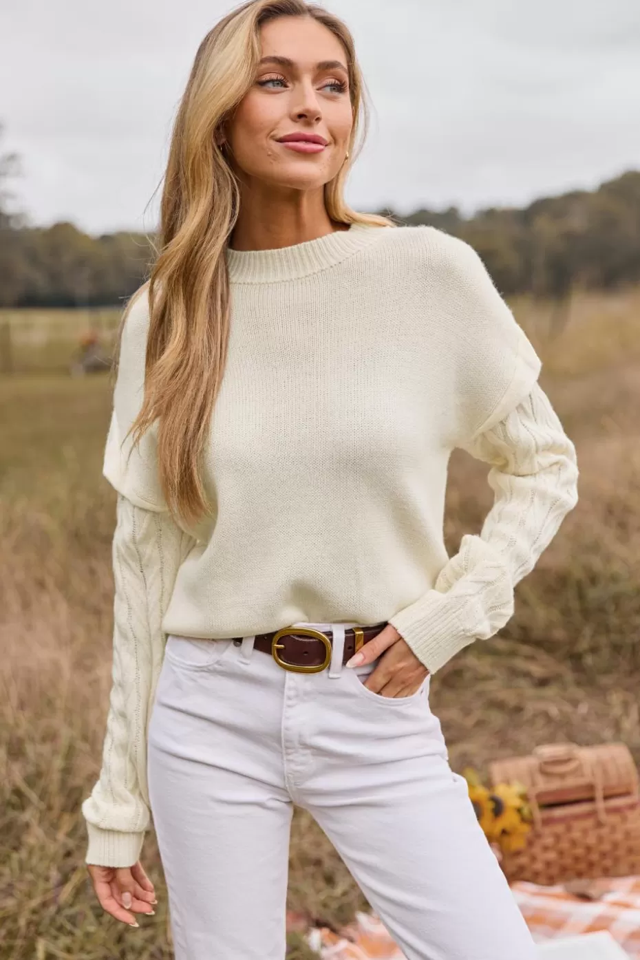 Flash Sale Cupshe Ivory Round Neck Long Sleeve Sweater White