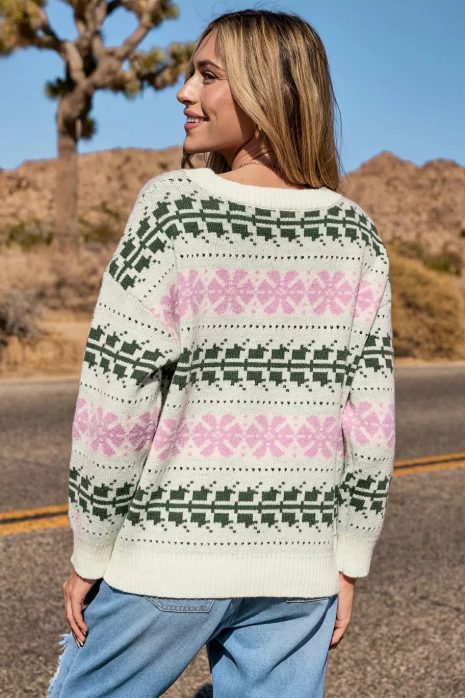 Online Cupshe Ivory Snowflake Round Neck Long Sleeve Sweater White