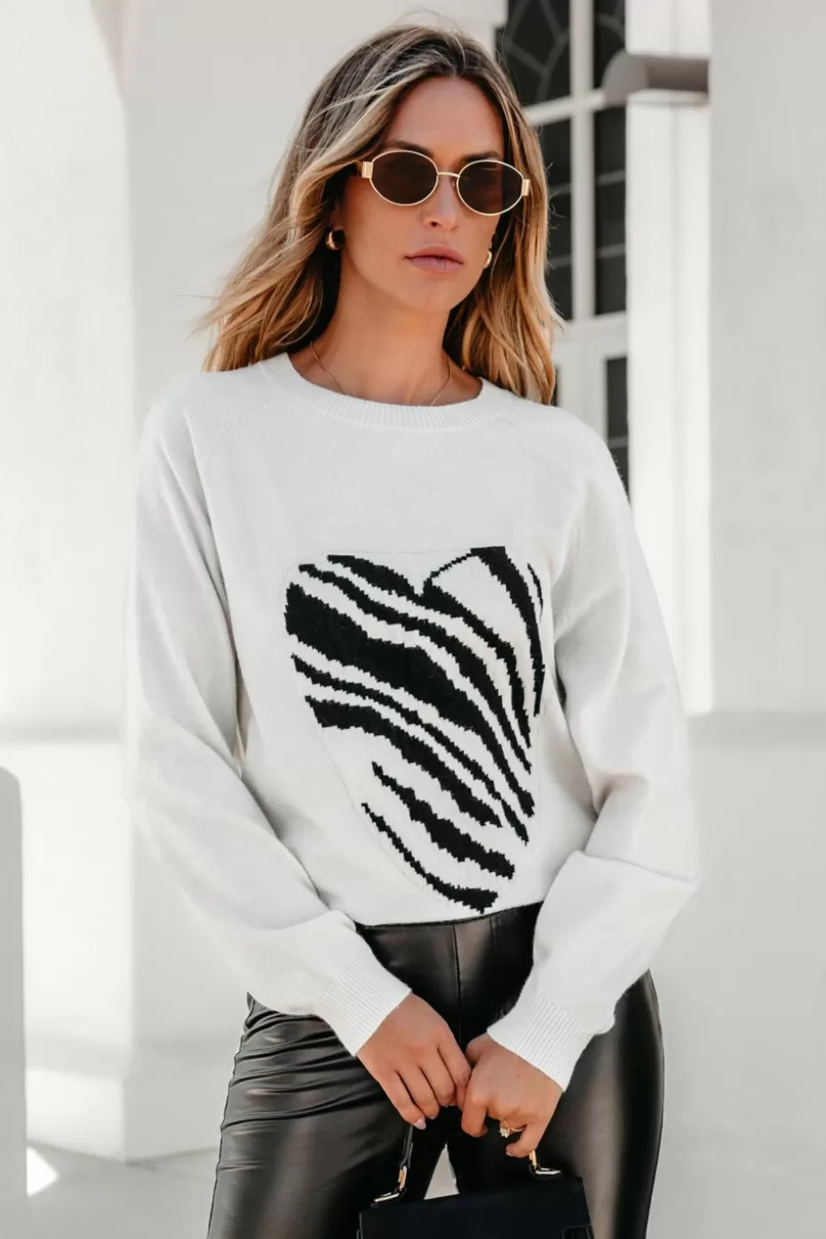 Fashion Cupshe Ivory Zebra Round Neck Long Sleeve Sweater Off White/Ivory