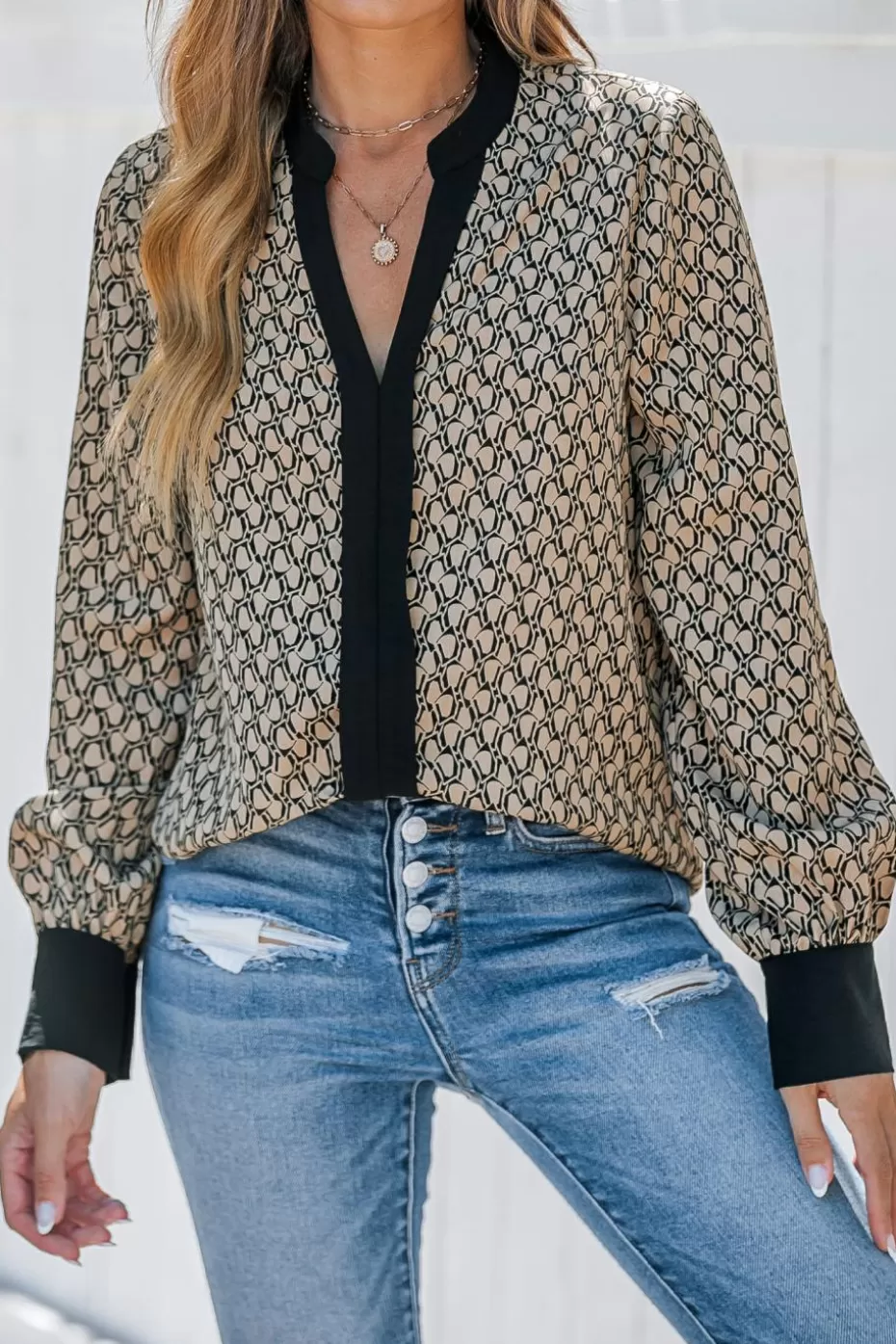 Cheap Cupshe & Black Abstract Long Sleeve Blouse Khaki