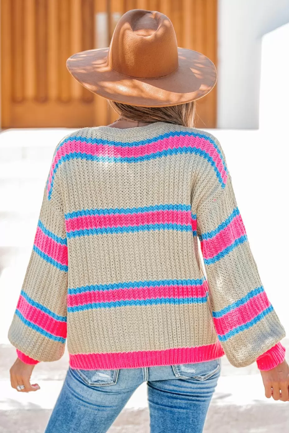 Sale Cupshe & Neon Pink Striped Button Up Long Sleeve Cardigan Khaki