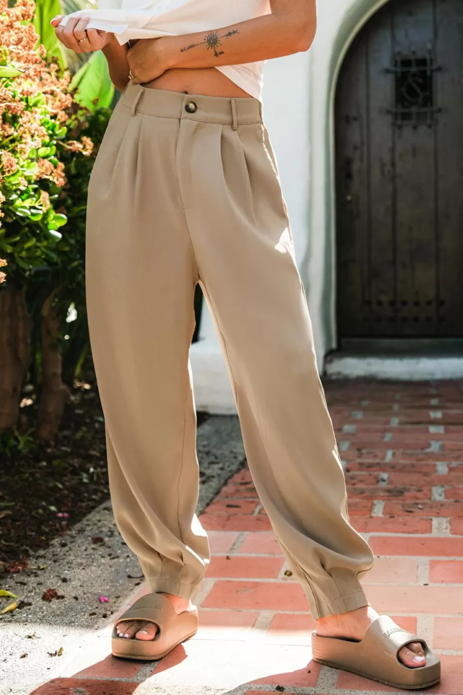 Shop Cupshe Button Waist Tapered Leg Pants Khaki