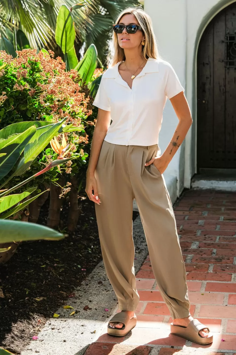 Shop Cupshe Button Waist Tapered Leg Pants Khaki