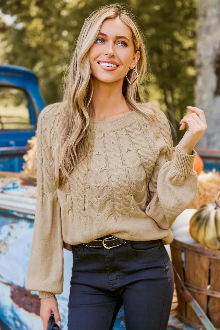 Cheap Cupshe Cable Knit Blouson Sleeve Sweater Khaki