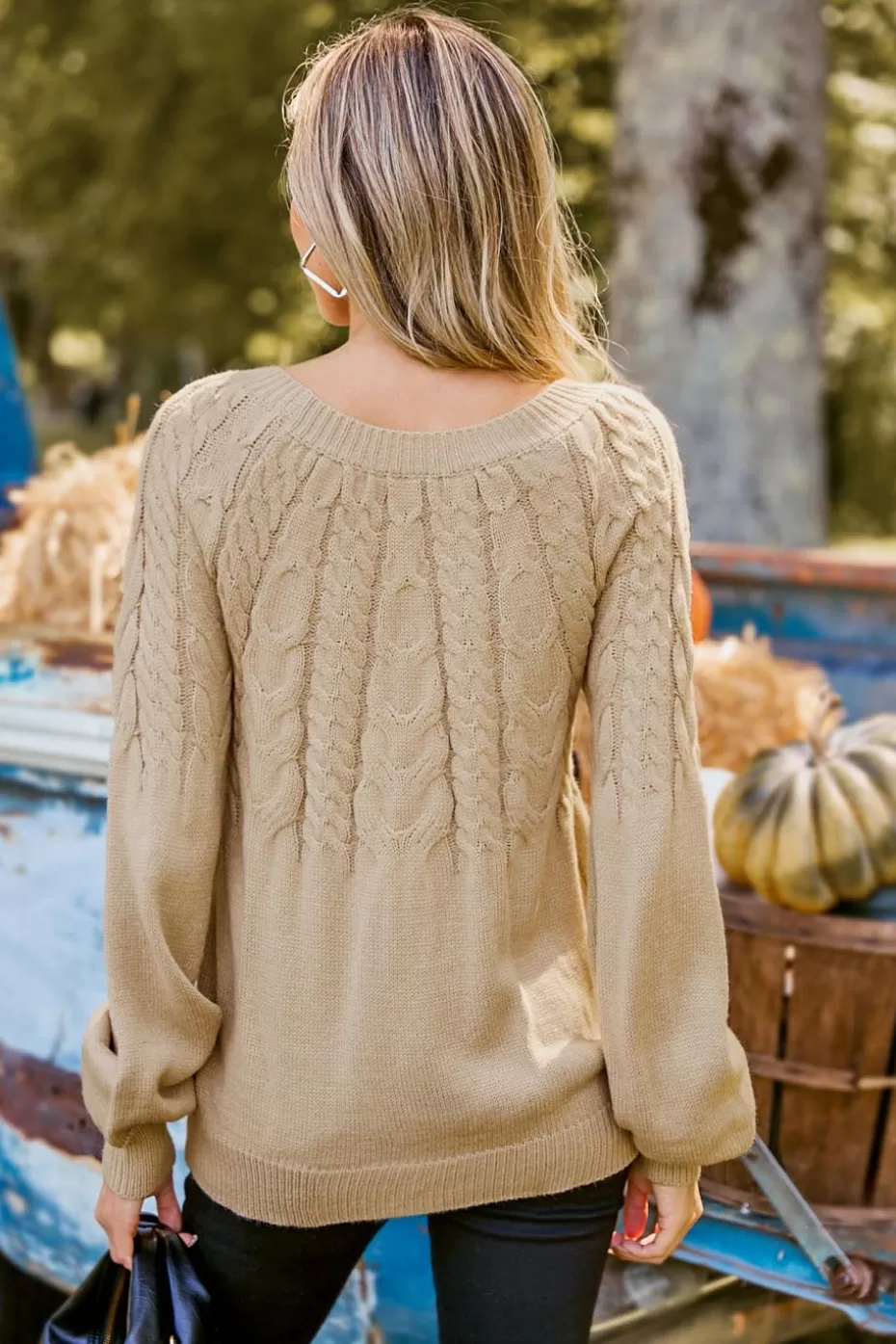 Cheap Cupshe Cable Knit Blouson Sleeve Sweater Khaki