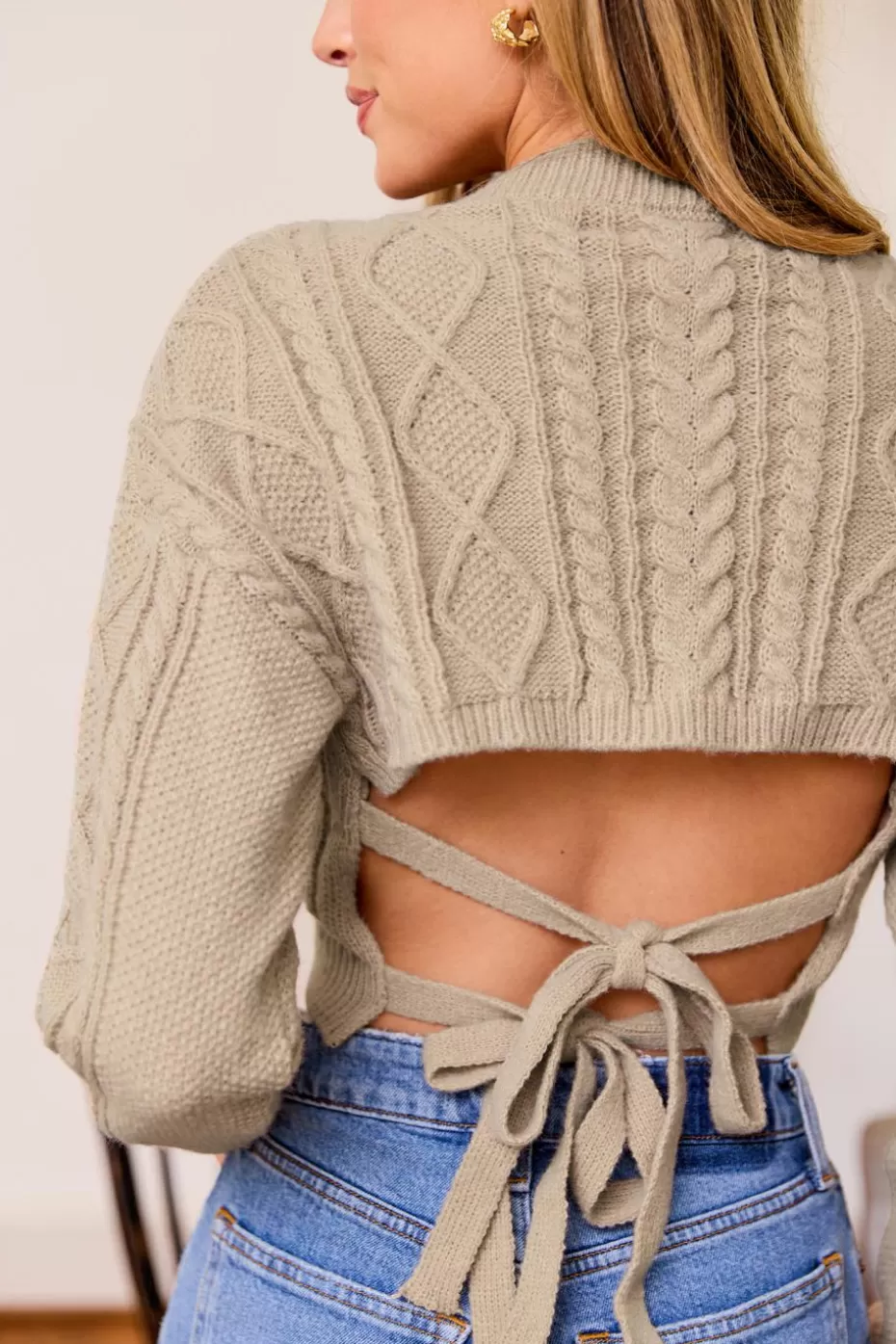 Cheap Cupshe Cable Knit Round Neck Long Sleeve Cropped Sweater Khaki