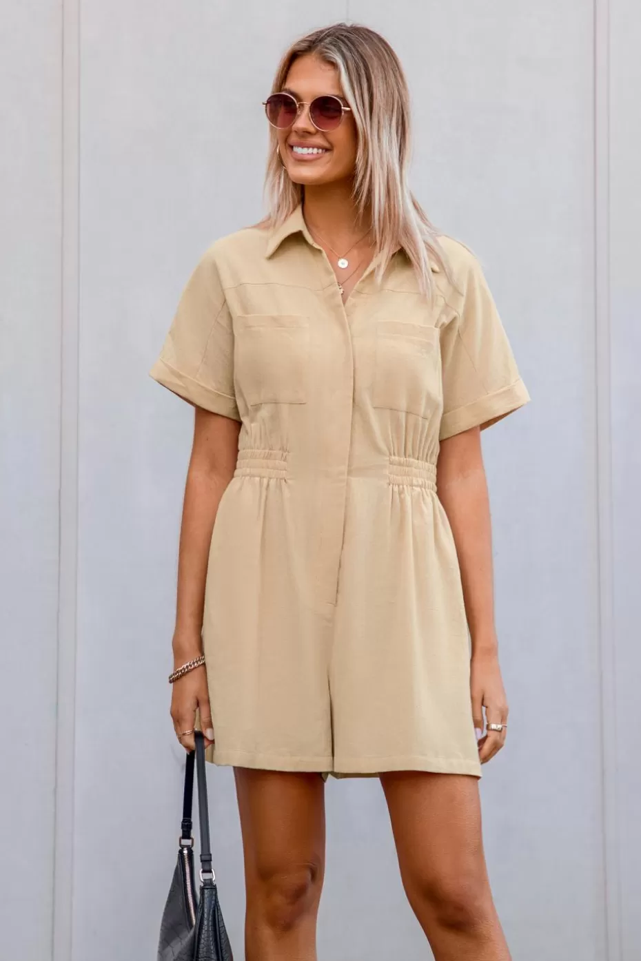Sale Cupshe Collared Wide Leg Romper Khaki