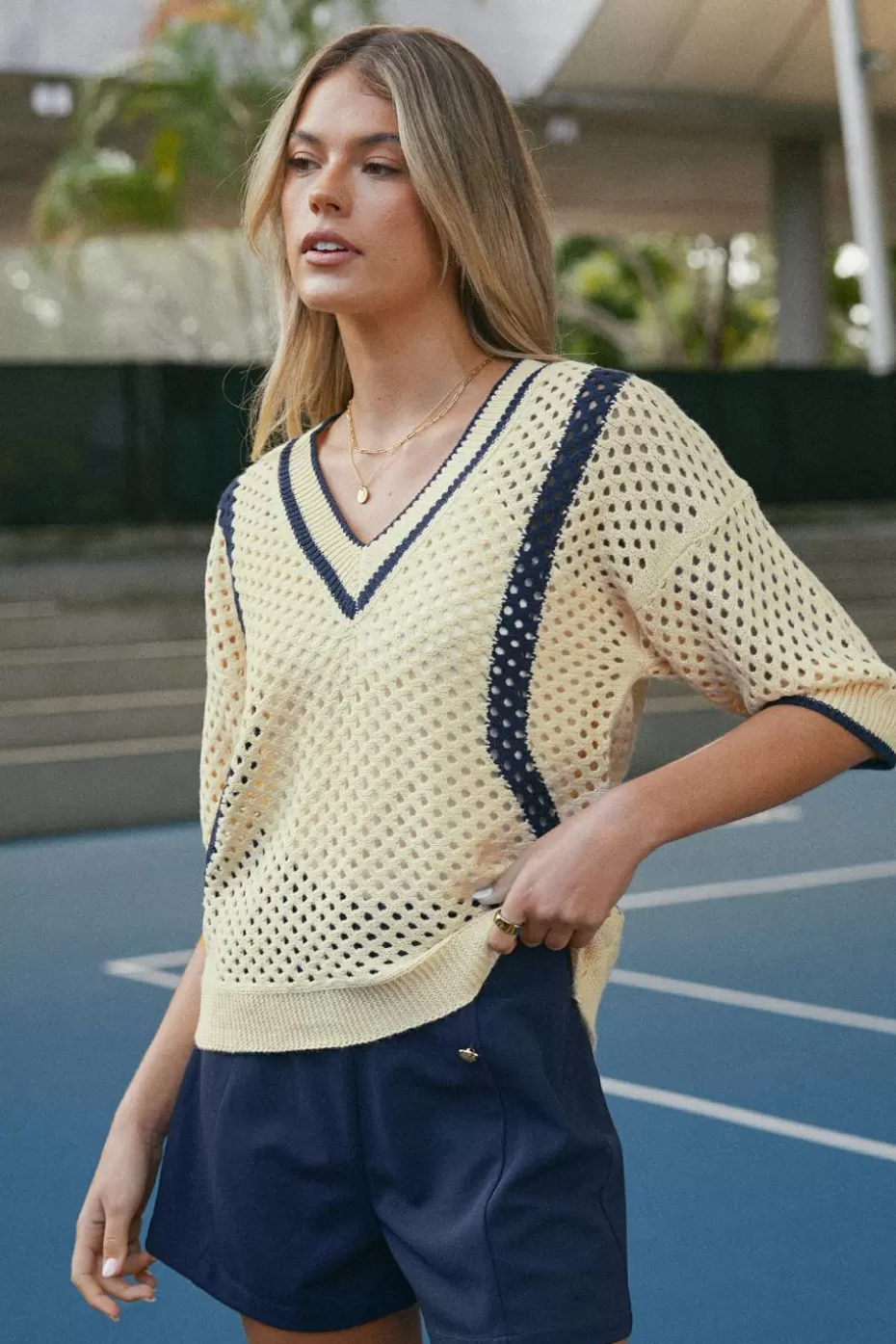 Fashion Cupshe Colorblock Half Sleeve Open Knit Sweater Khaki