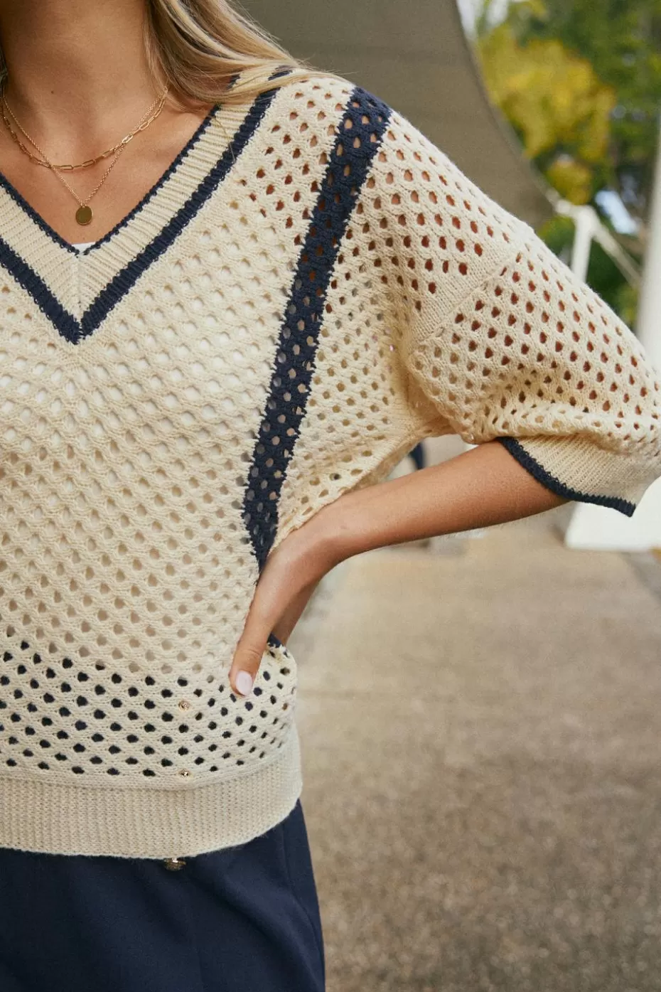 Fashion Cupshe Colorblock Half Sleeve Open Knit Sweater Khaki