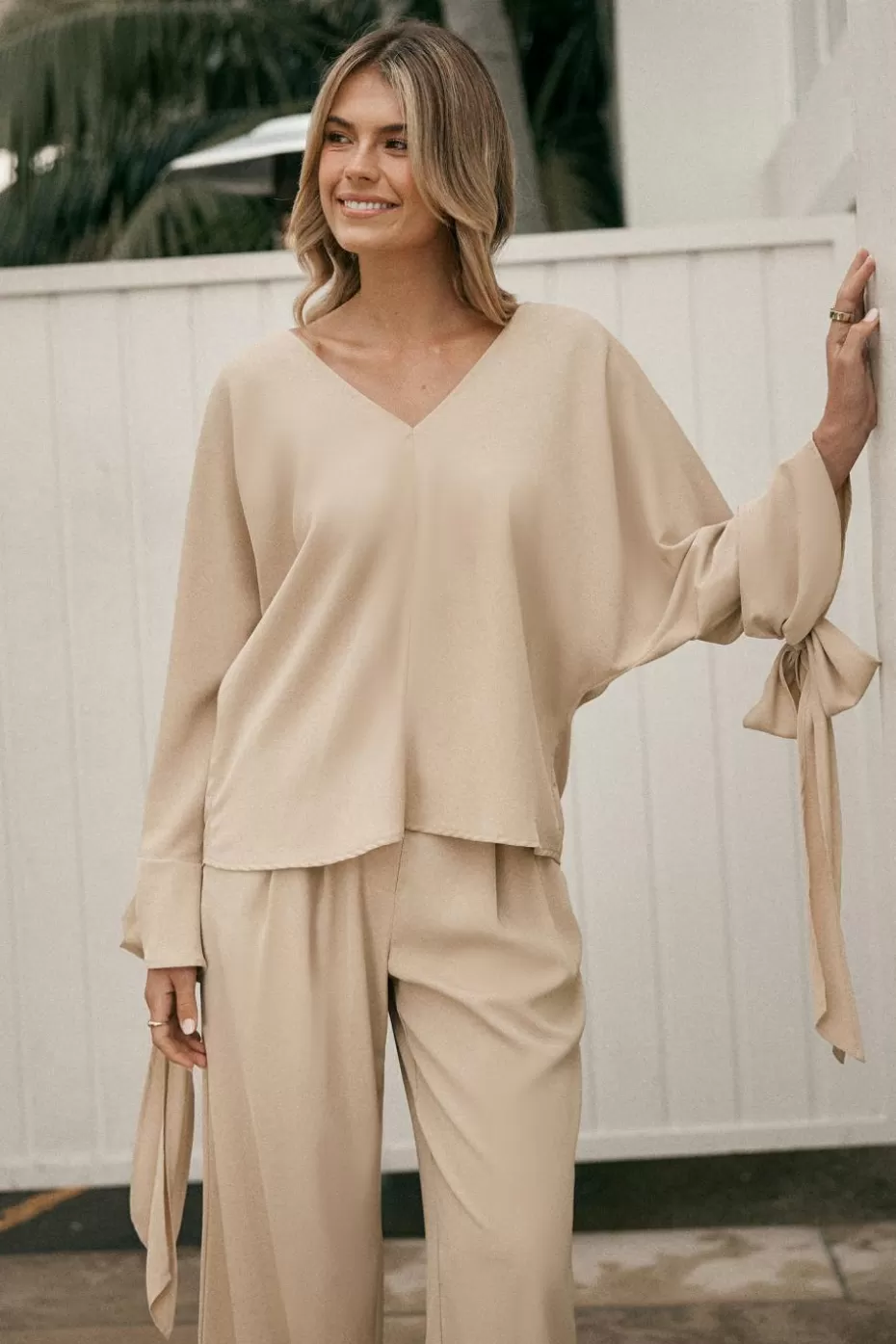 Sale Cupshe Long Sleeve Tie Cuff Top Khaki