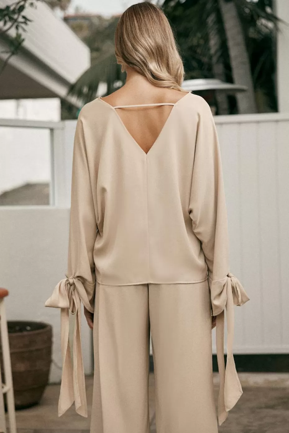 Sale Cupshe Long Sleeve Tie Cuff Top Khaki