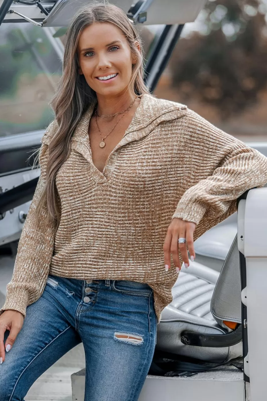 Cheap Cupshe Oversized Collar Dolman Sleeve Sweater Top Khaki