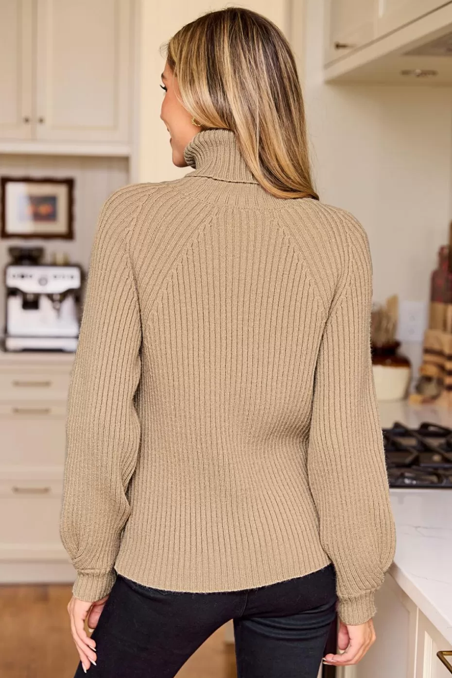 Sale Cupshe Ribbed Knit Blouson Sleeve Turtleneck Sweater Khaki