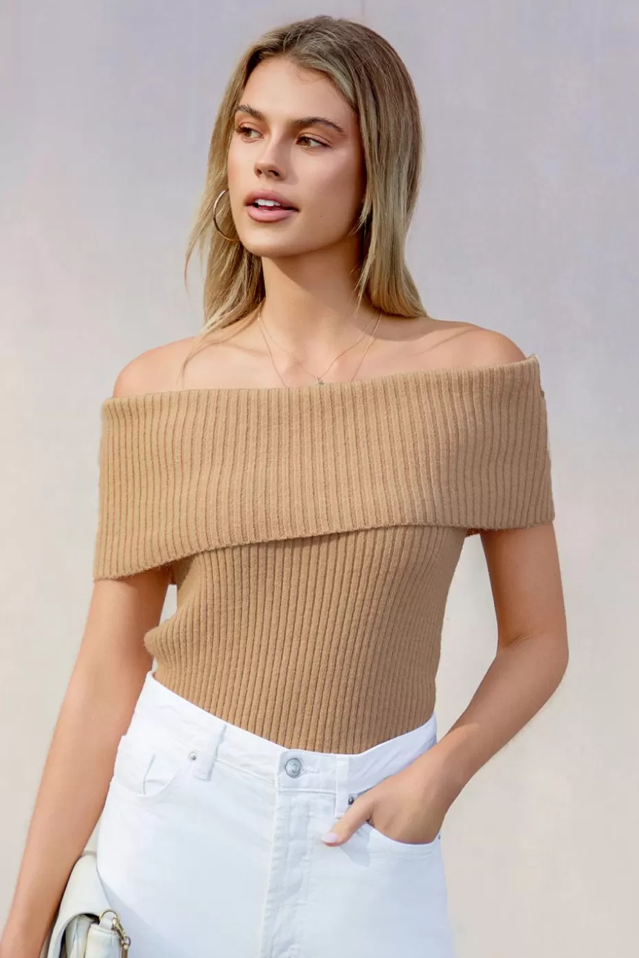 Online Cupshe Ribbed Knit Foldover Off-Shoulder Top Khaki