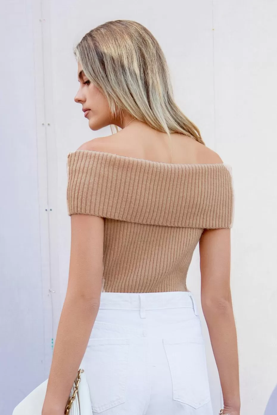 Online Cupshe Ribbed Knit Foldover Off-Shoulder Top Khaki