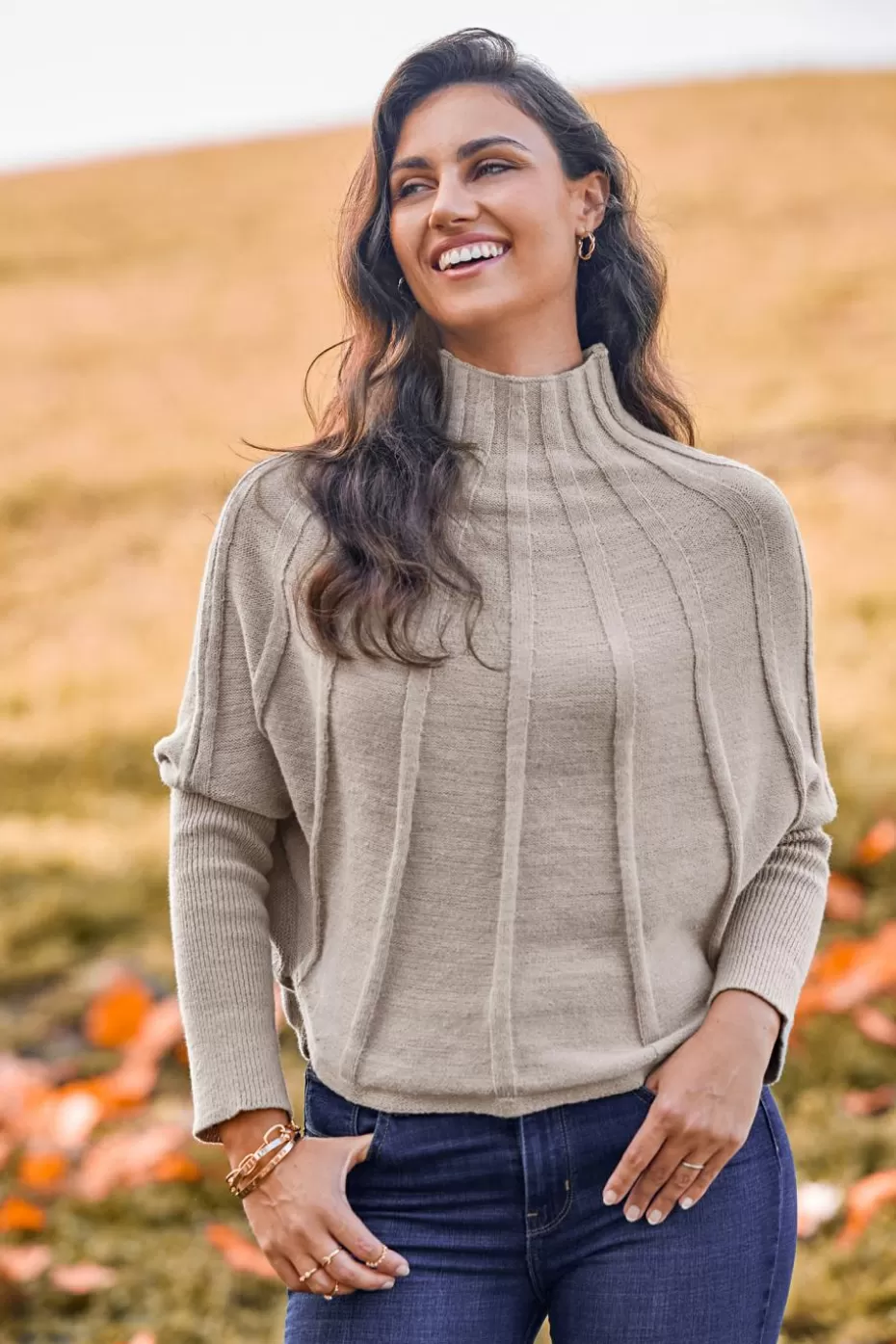 Cheap Cupshe Ribbed Turtleneck Gigot Sweater Khaki