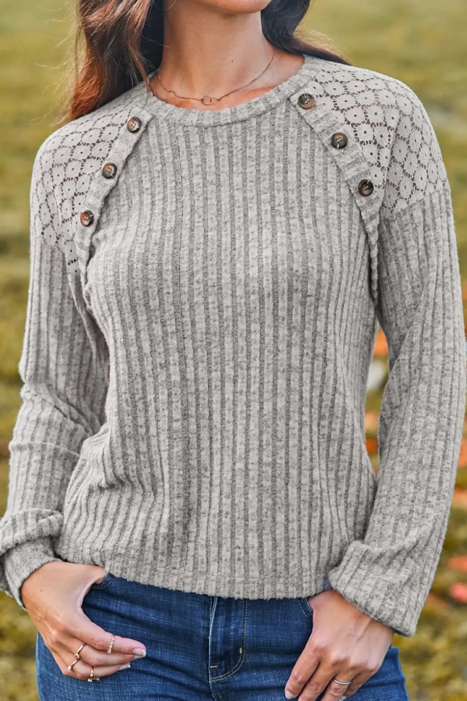 Sale Cupshe Round Neck Lace Shoulder Long Sleeve Tee Khaki