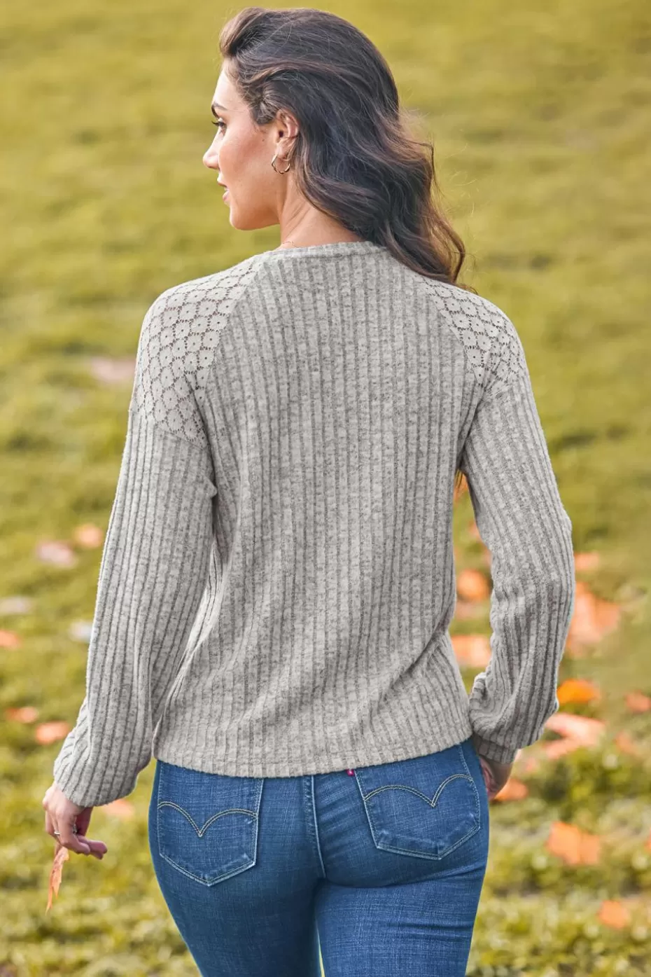 Sale Cupshe Round Neck Lace Shoulder Long Sleeve Tee Khaki