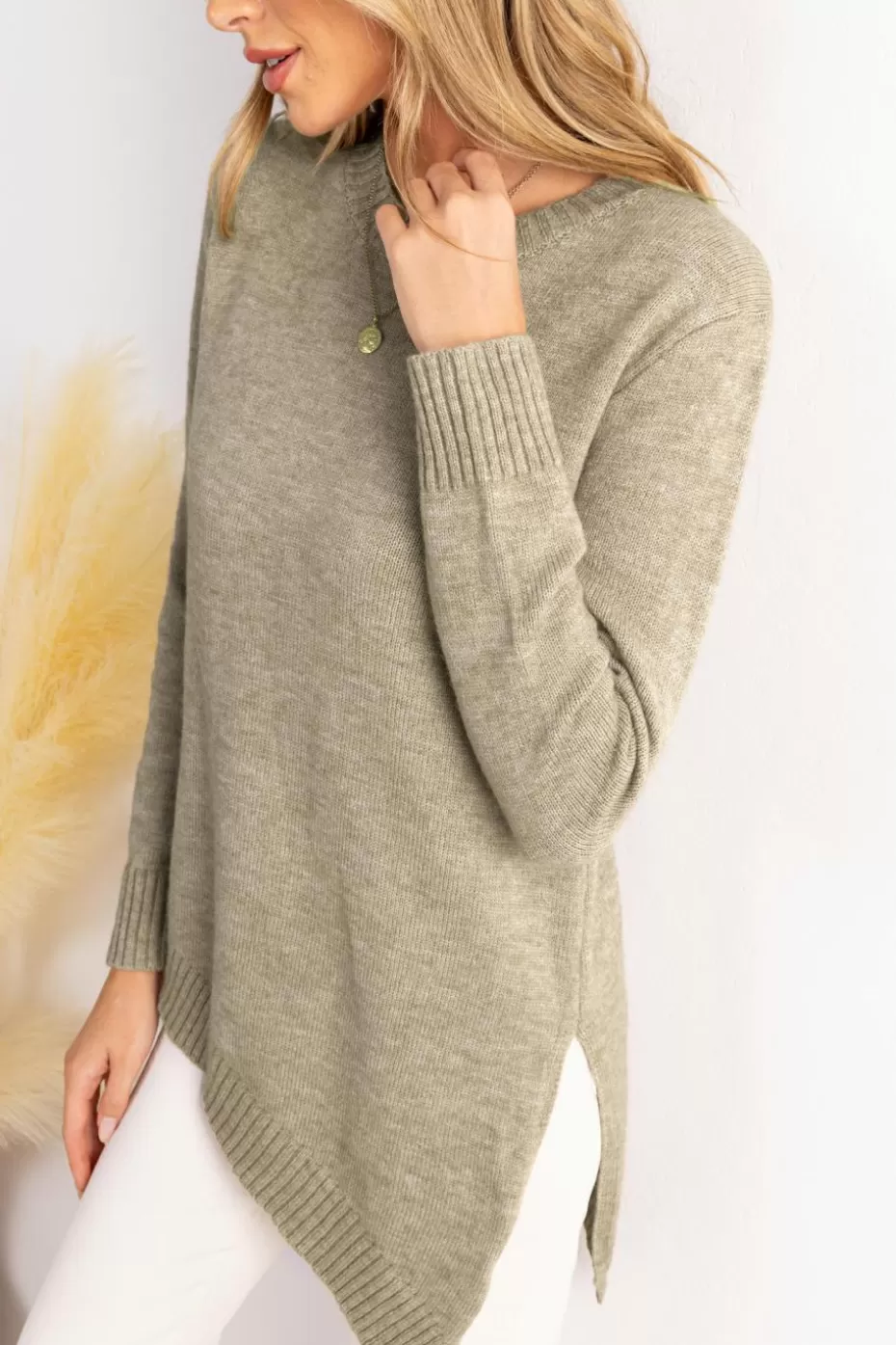 Clearance Cupshe Round Neck Long Sleeve Asymmetrical Hem Sweater Khaki