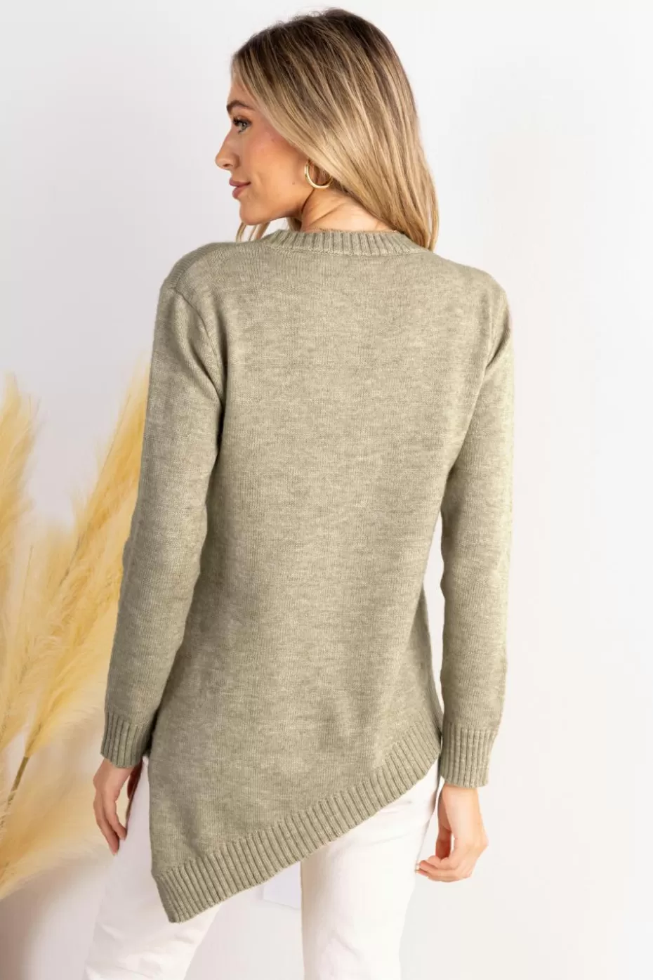 Clearance Cupshe Round Neck Long Sleeve Asymmetrical Hem Sweater Khaki