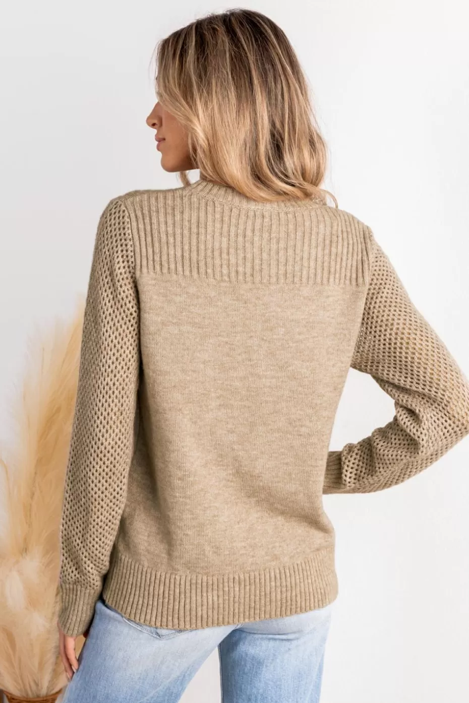 Fashion Cupshe Round Neck Long Sleeve Knit Sweater Khaki